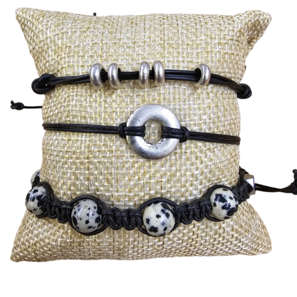 Genuine Leather + Stainless Steel + Dalamatian Jasper Boho Bracelet Set of 3